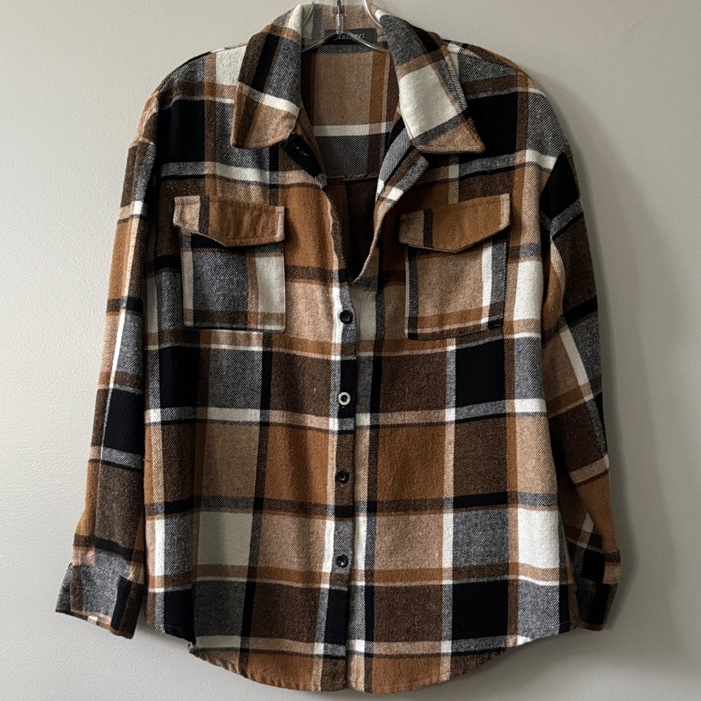 Oversized Flannel Shacket - Brown, Black, White size S